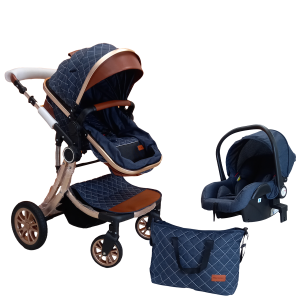 Poussette tendance paysage réversible 3 en 1 avec maxi cosi et sac à langer - Bleu Marine